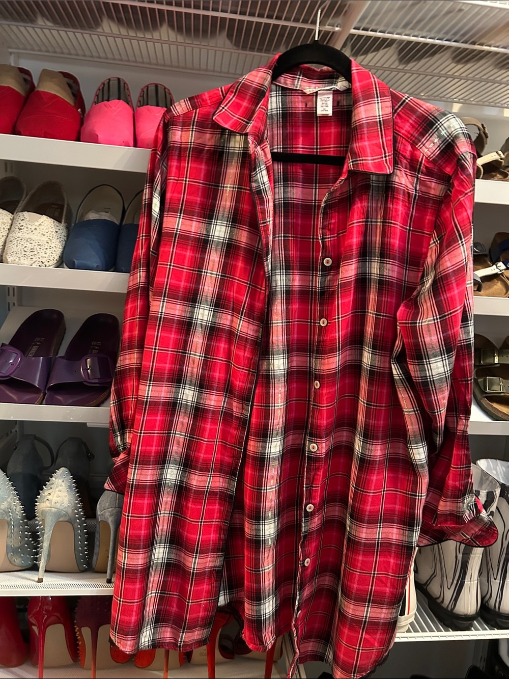 Victoria's Secret Red and Black Plaid Button-Up Sleep Shirt/Gown
